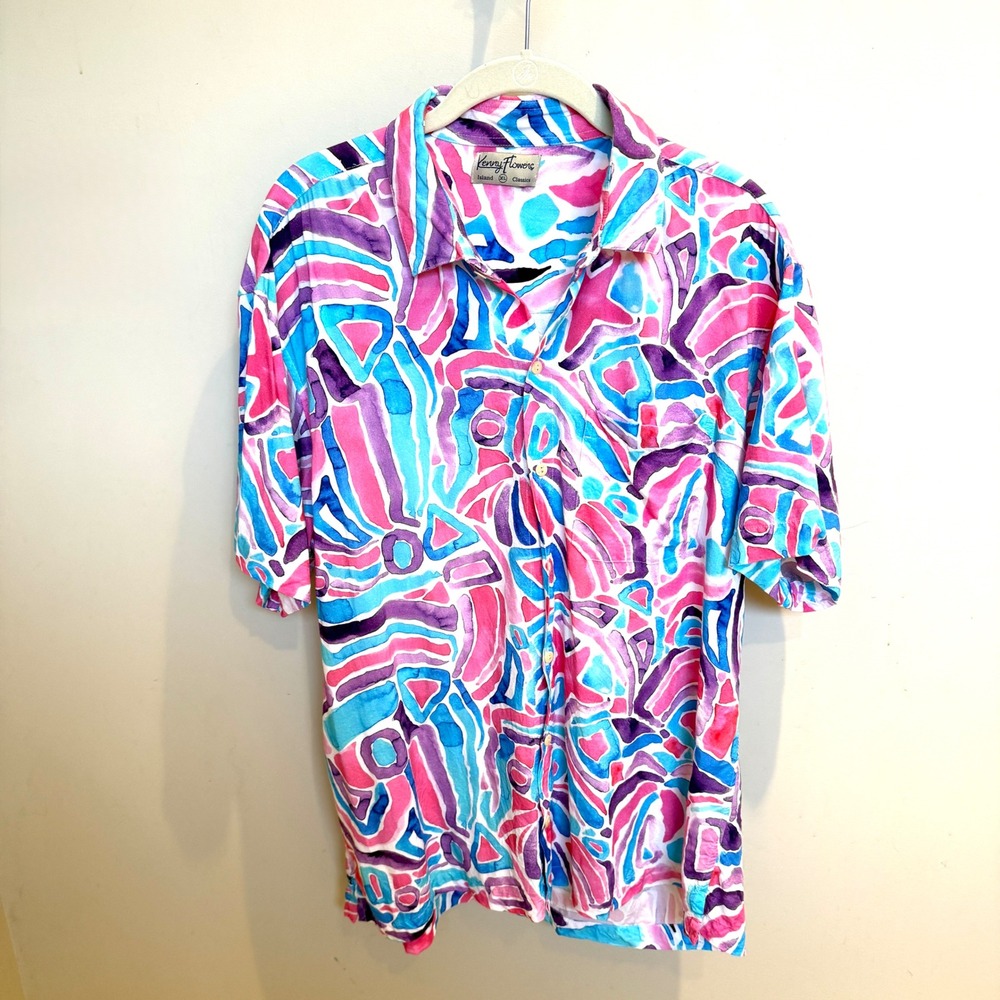 Kenny Flowers Island Classics Mens XL Abstract Watercolor Rayon Button Up Shirt